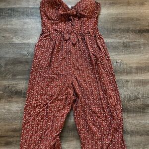 AUW Red Wide-Leg Jumpsuit with Smocked Bodice